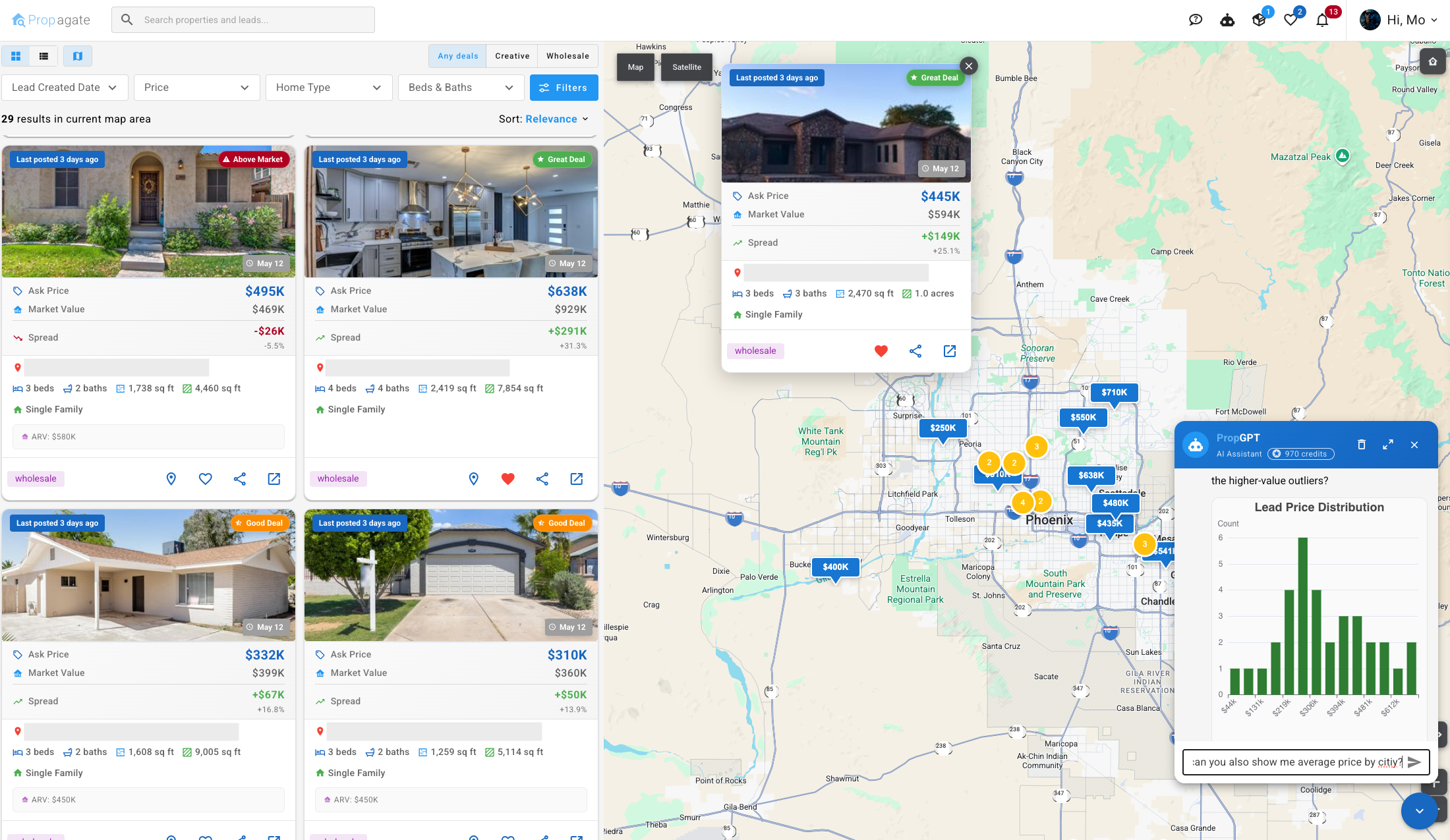 Propagate Dashboard - Real estate leads with map view, property cards, and deal analysis